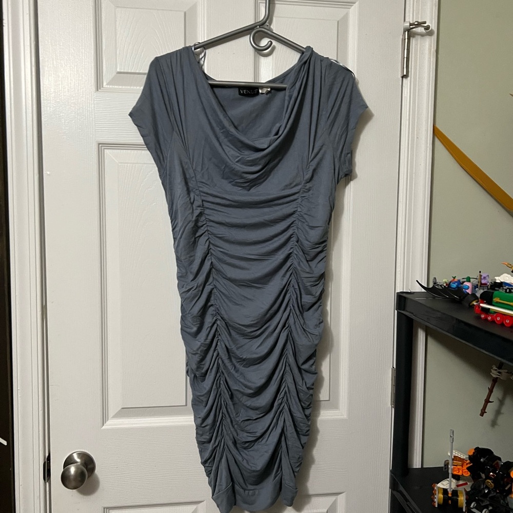 VENUS Gray Ruched Cowl Neck Midi Dress